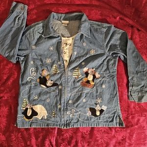 Vintage Fashion Bug Frolicking Penguins Full Zip Jean Shacket 14/16W